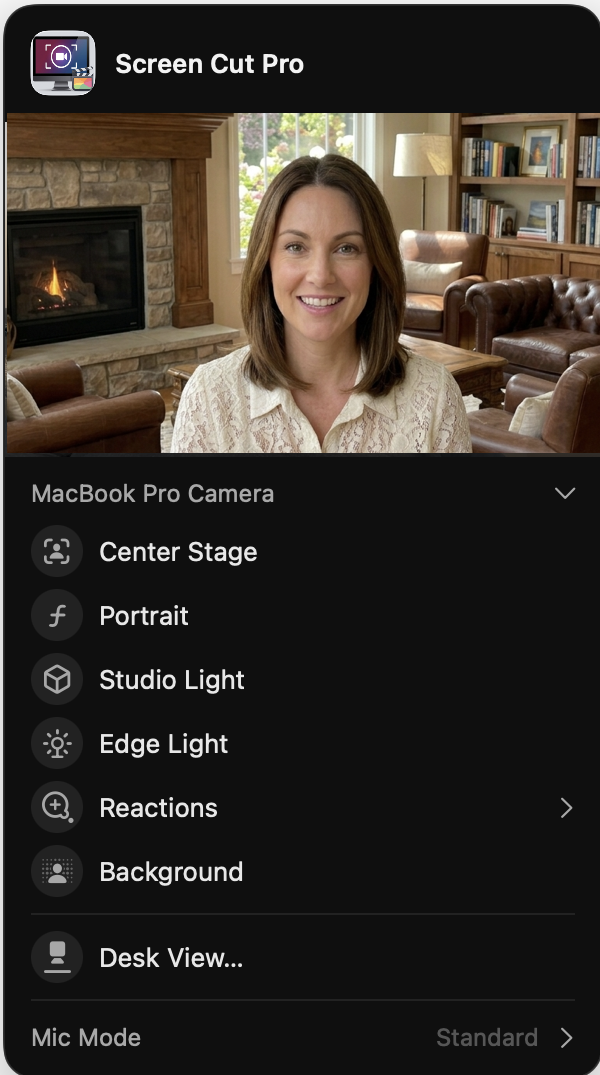 macOS Camera control panel for Screen Cut Pro showing zoom slider, Recenter button, MacBook Pro Camera selector, and toggles for Center Stage, Portrait, Studio Light, Edge Light, Reactions, Background, Desk View, and Mic Mode
