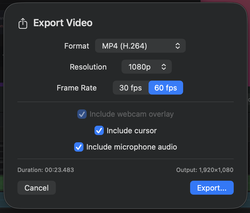 The Export Video dialog with Format set to MP4 (H.264), Resolution 1080p, Frame Rate 60 fps, and Include checkboxes for webcam overlay, cursor, and microphone audio. Output dimensions and duration are shown at the bottom.