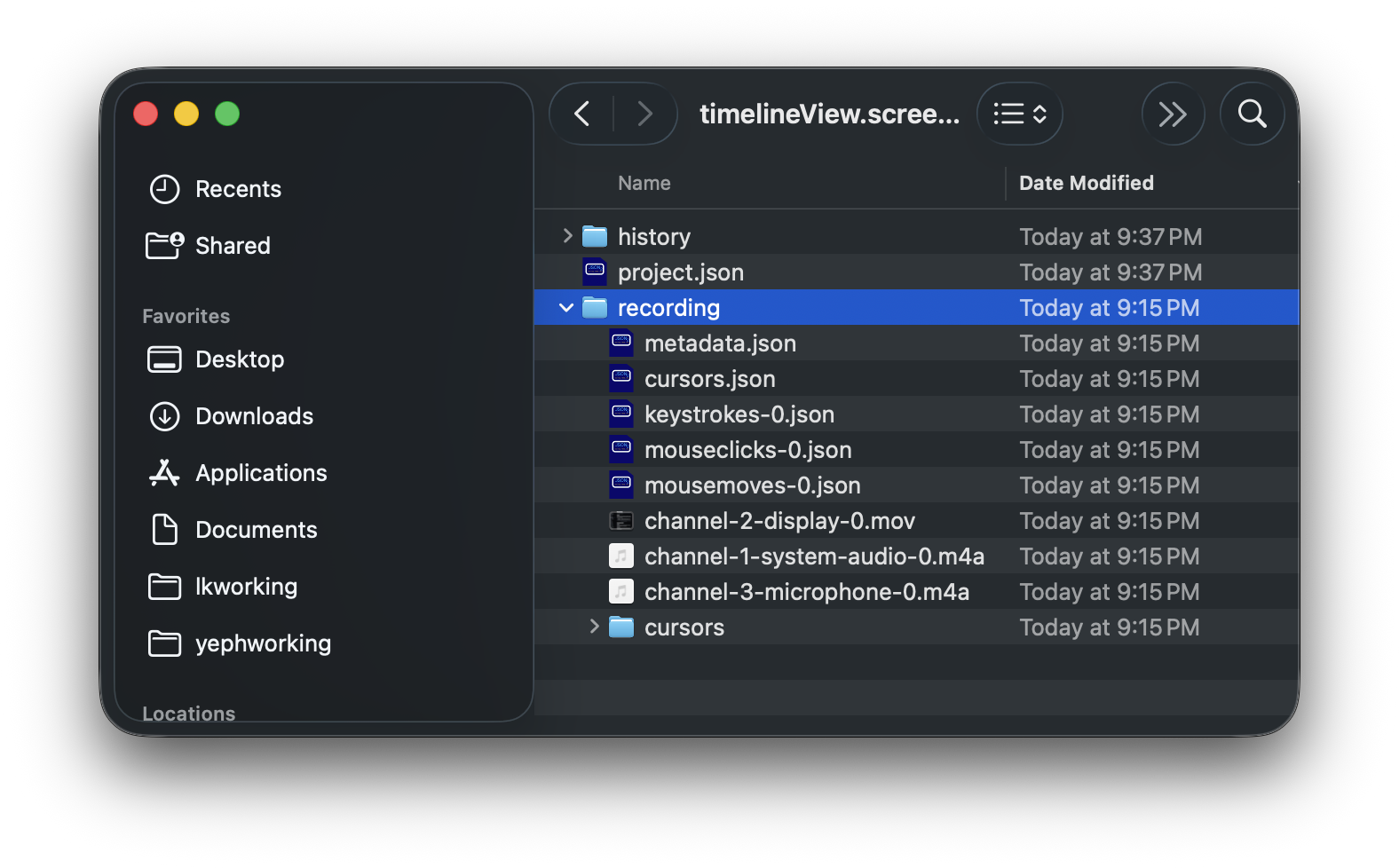 Finder showing the inside of a .screencut bundle: history folder, project.json, an expanded recording folder with metadata, cursor and input event JSON files, and the screen .mov plus system-audio and microphone .m4a tracks, and a top-level cursors folder