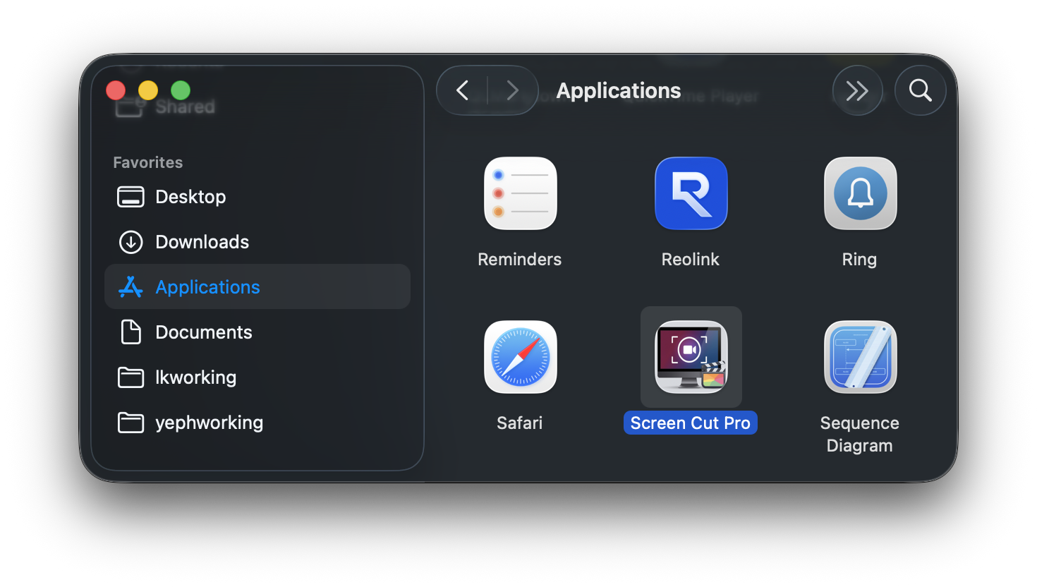 Screen Cut Pro selected in the Applications folder in Finder