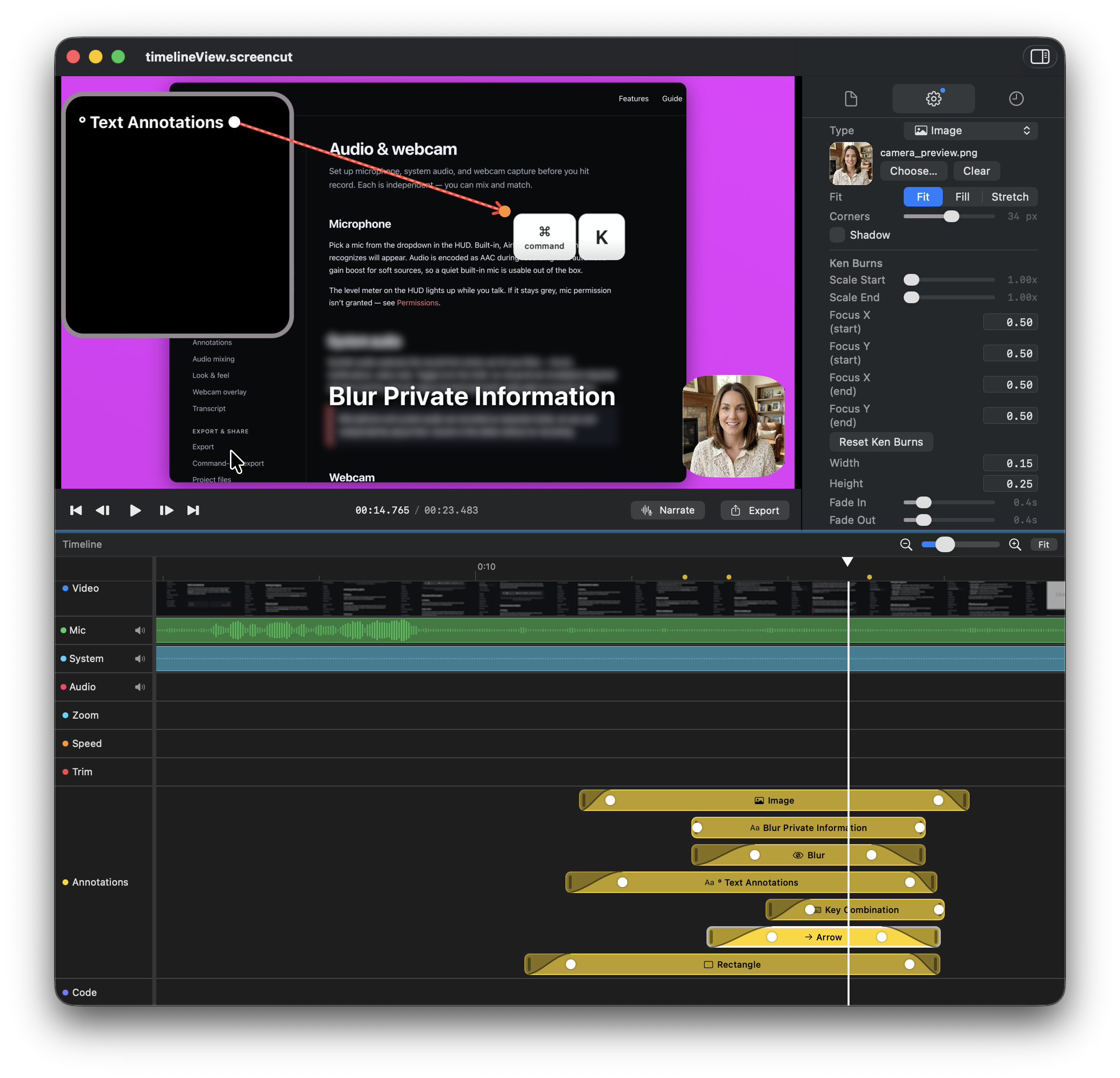 Editor preview showing layered annotations &mdash; a text label connected to a target by a red arrow, a Command-K key combination, a blurred section labeled Blur Private Information, and a webcam overlay &mdash; with the corresponding annotation lanes in the timeline below