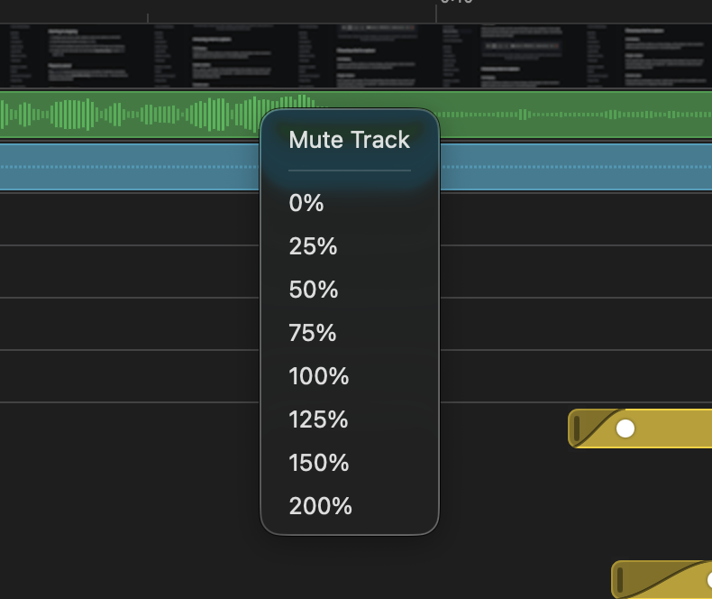 Audio tracks in the timeline with the volume popup open, showing Mute Track and percentage presets from 0% to 200%