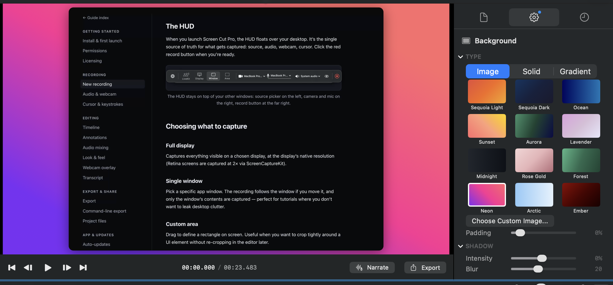 The Background inspector with Image, Solid, and Gradient tabs and the 12 wallpaper preset thumbnails (Sequoia Light/Dark, Ocean, Sunset, Aurora, Lavender, Midnight, Rose Gold, Forest, Neon, Arctic, Ember), with Neon currently applied to the preview