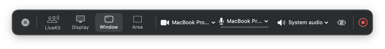 The Screen Cut Pro recording HUD showing Display/Window/Area buttons, camera and microphone selectors, system audio toggle, and the red record button