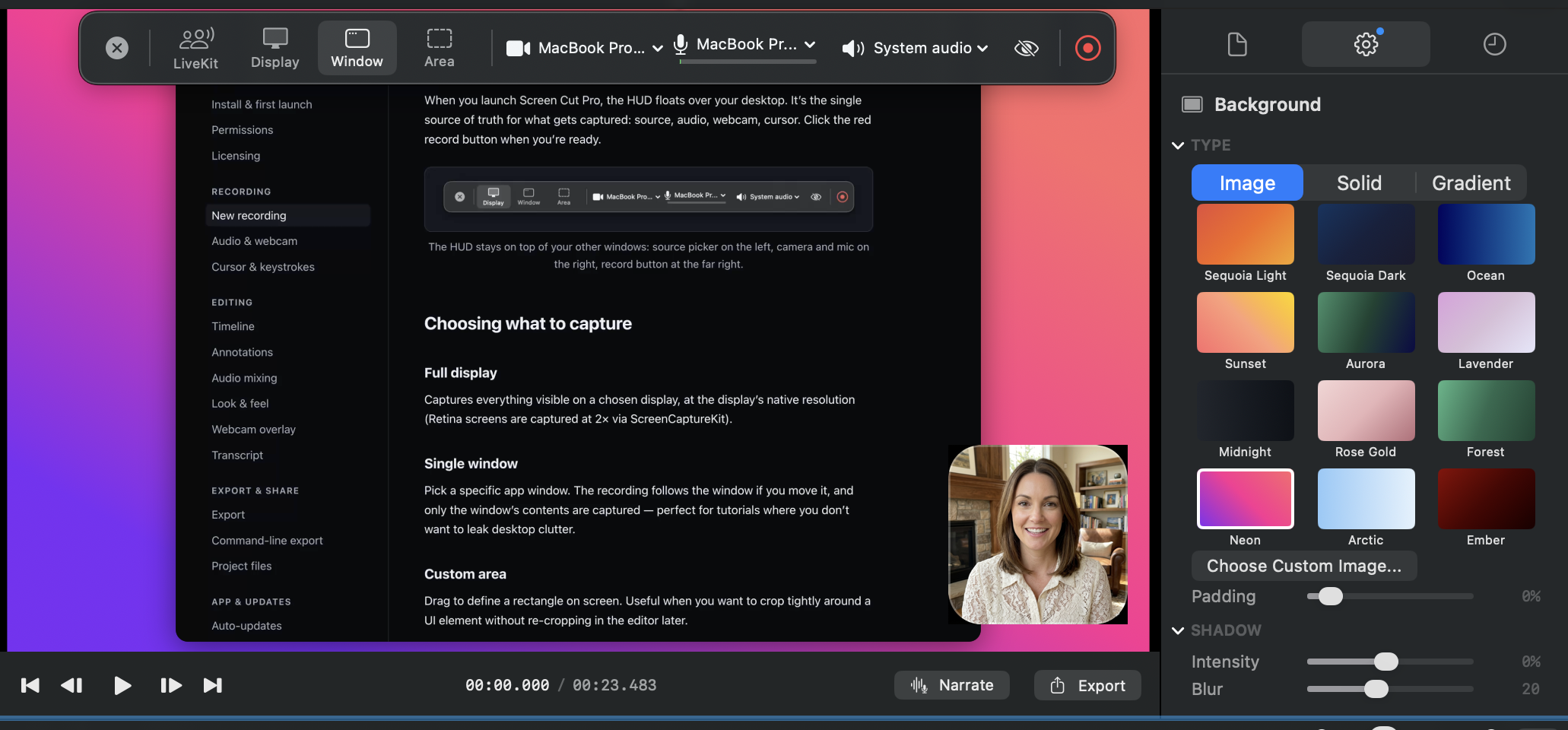 Screen Cut Pro editor showing a recorded guide with webcam overlay and the background-style inspector open
