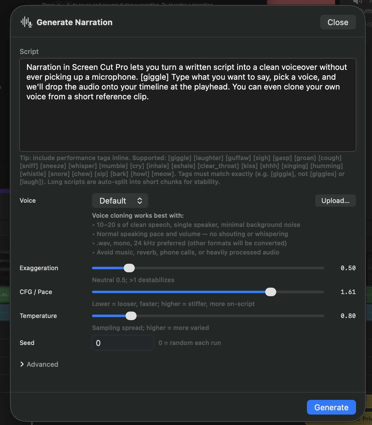 The Generate Narration dialog with a multiline Script field, a list of supported performance tags, a Voice picker set to Default with an Upload button, and Exaggeration, CFG/Pace, Temperature, and Seed sliders