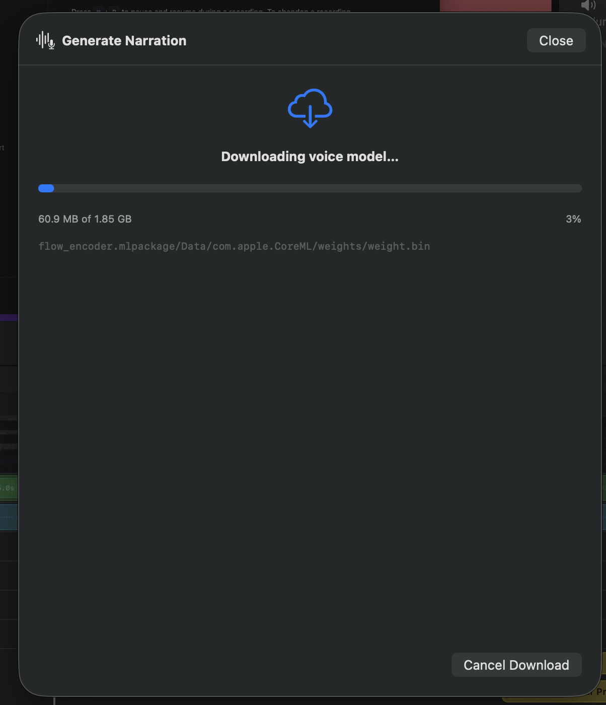 A model-download screen reading 'Downloading voice model...' with a thin blue progress bar at 3%, '60.9 MB of 1.85 GB' below it, the current file path 'flow_encoder.mlpackage/Data/com.apple.CoreML/weights/weight.bin', and a Cancel Download button at the bottom