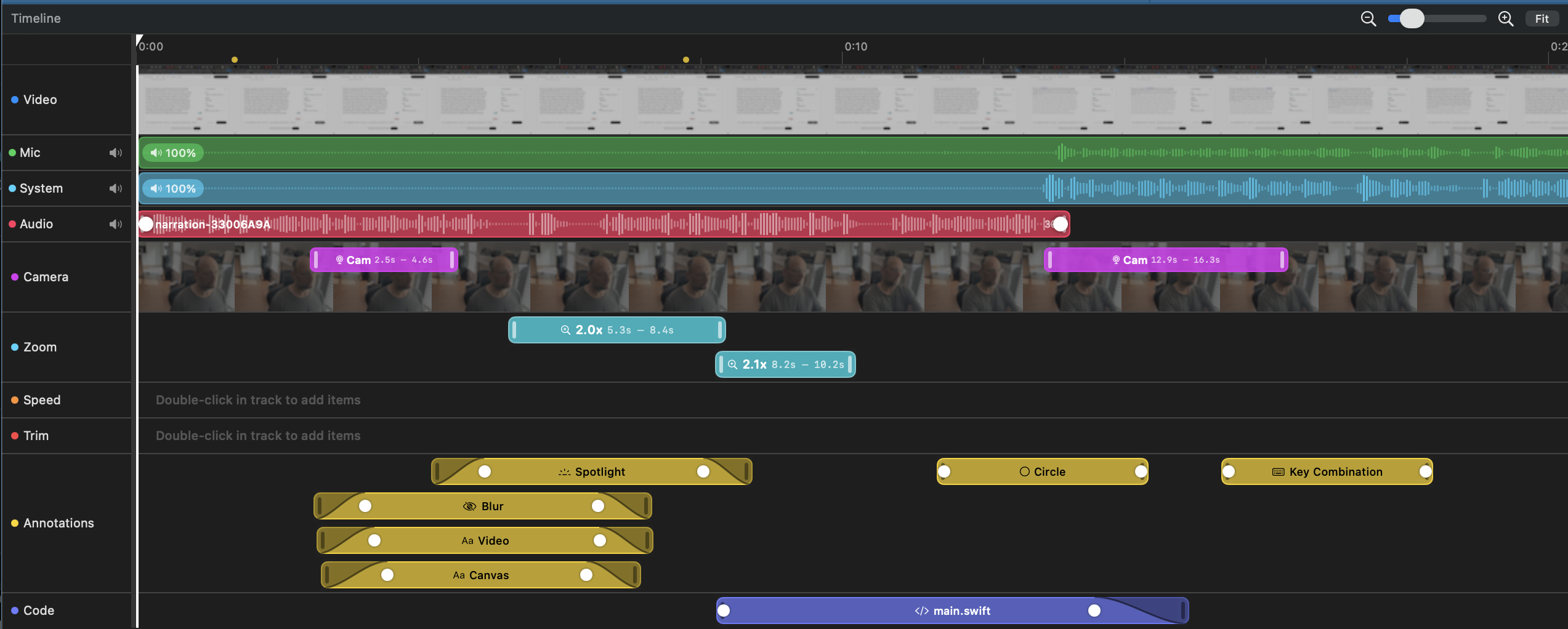 Close-up of the Screen Cut Pro timeline showing the Video, Mic, System, Audio, Camera, Zoom, Speed, Trim, Annotations, and Code tracks